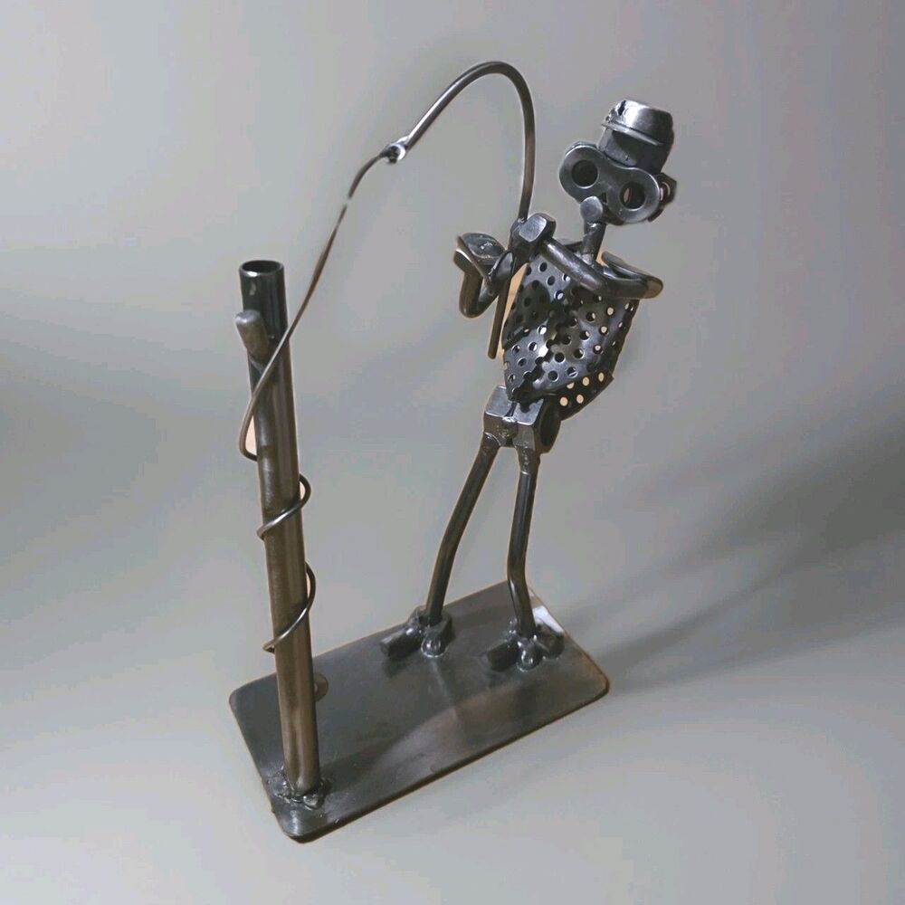 Fisherman Fishing Recycled Metal Nuts Bolts Art Sculpture Figure Assemblage